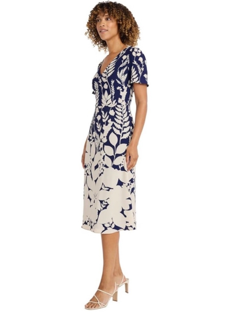 Maggy London Navy Blue & White Floral V-Neck Midi Sheath Dress, Size 10